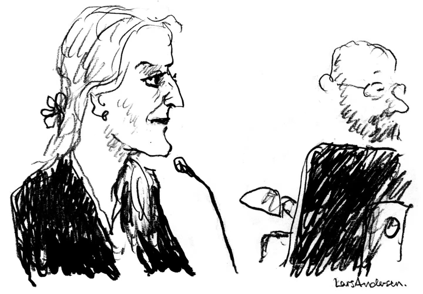 Specialanklager Marie Tullin fra anklagemyndigheden borede i Sanjay Shahs forklaringer om, hvorfor det var inden for skiven, da han fik refunderet udbytteskat. Tegning: Lars Andersen