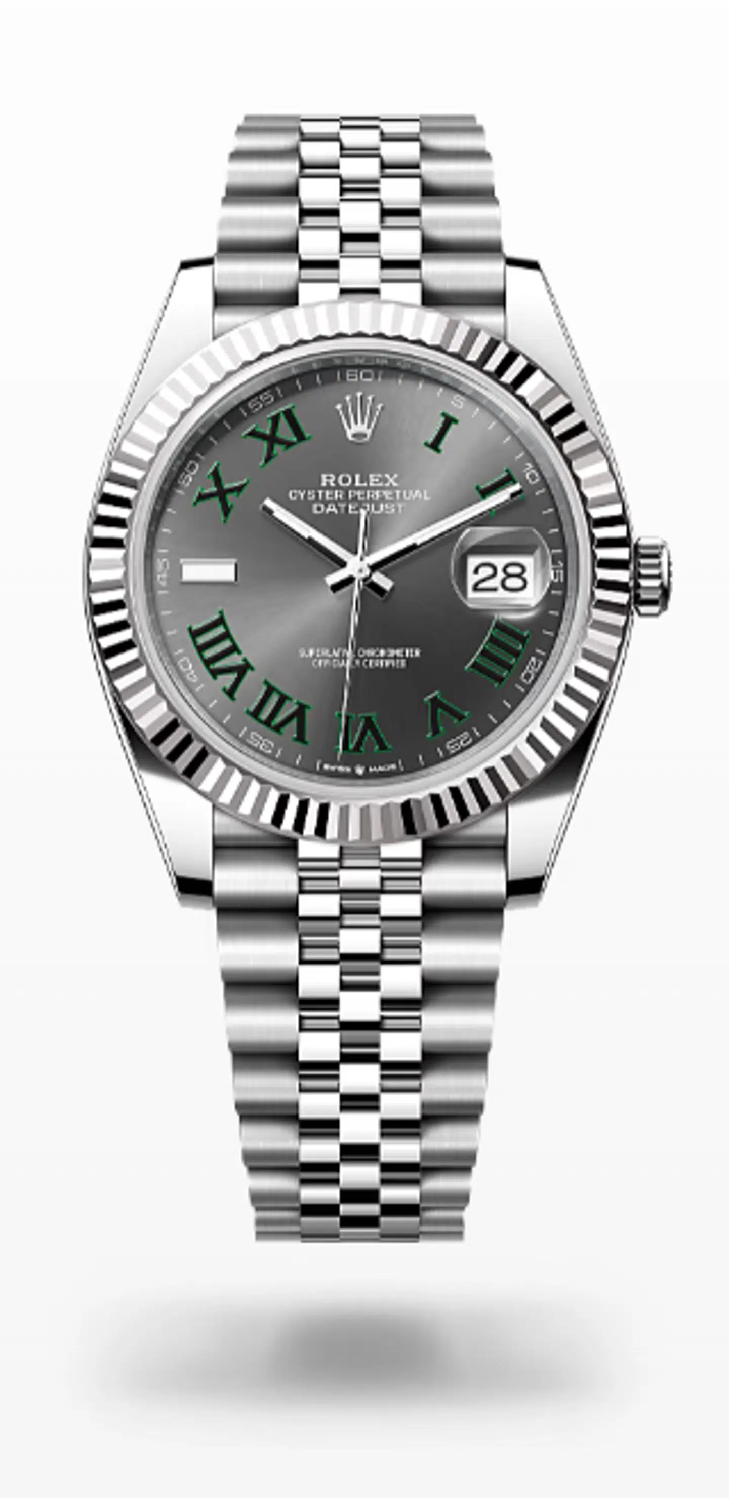 Kronprins Christian bar dette Rolex Datejust 41-ur i stål med jubilæumslænke og Wimbledon-urskive, som koster 84.700 kroner fra ny. Foto: Rolex.com