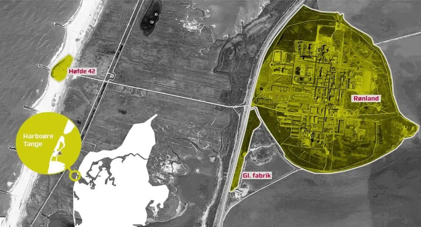 På illustrationen, som Region Midtjylland har udarbejdet, ses Harboøre Tange og markering af de tre generationsforureninger. Det er henholdsvis Høfde 42, Cheminovas gamle fabriksgrund og den nuværende fabriksgrund på Rønland.