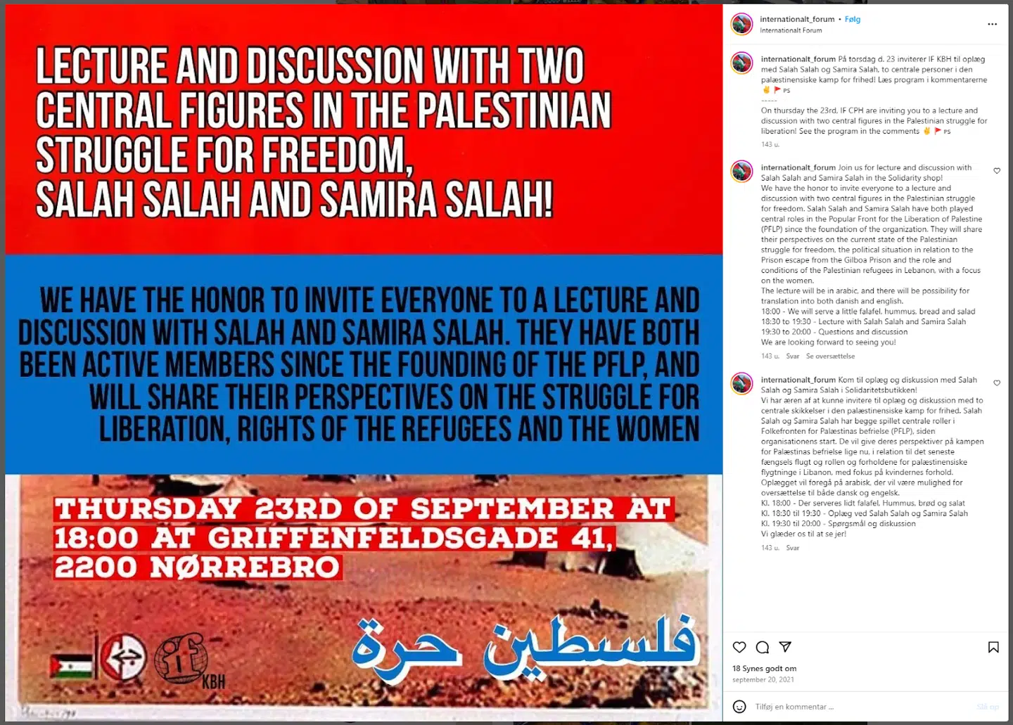 Her ses Internationalt Forums invitation til foredrag med de to ledende PFLP-folk Salah Salah og Samira Salah.