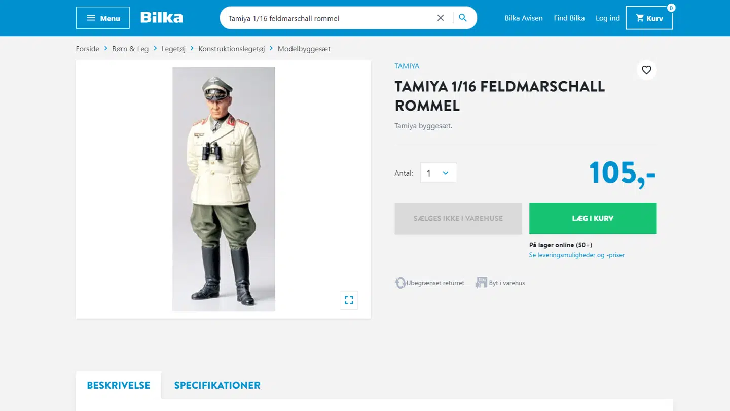 Bilka solgte indtil fredag eftermiddag en modelfigur af Rommel.