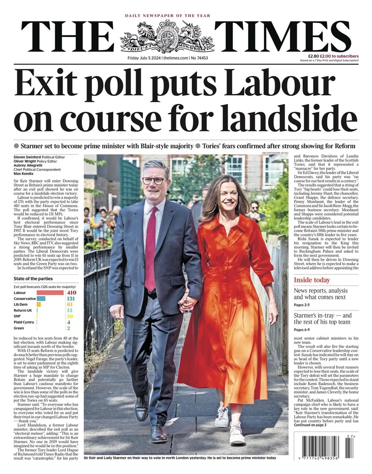 Avisen The Times sammenligner Labours sejr med Tony Blairs i 1997.