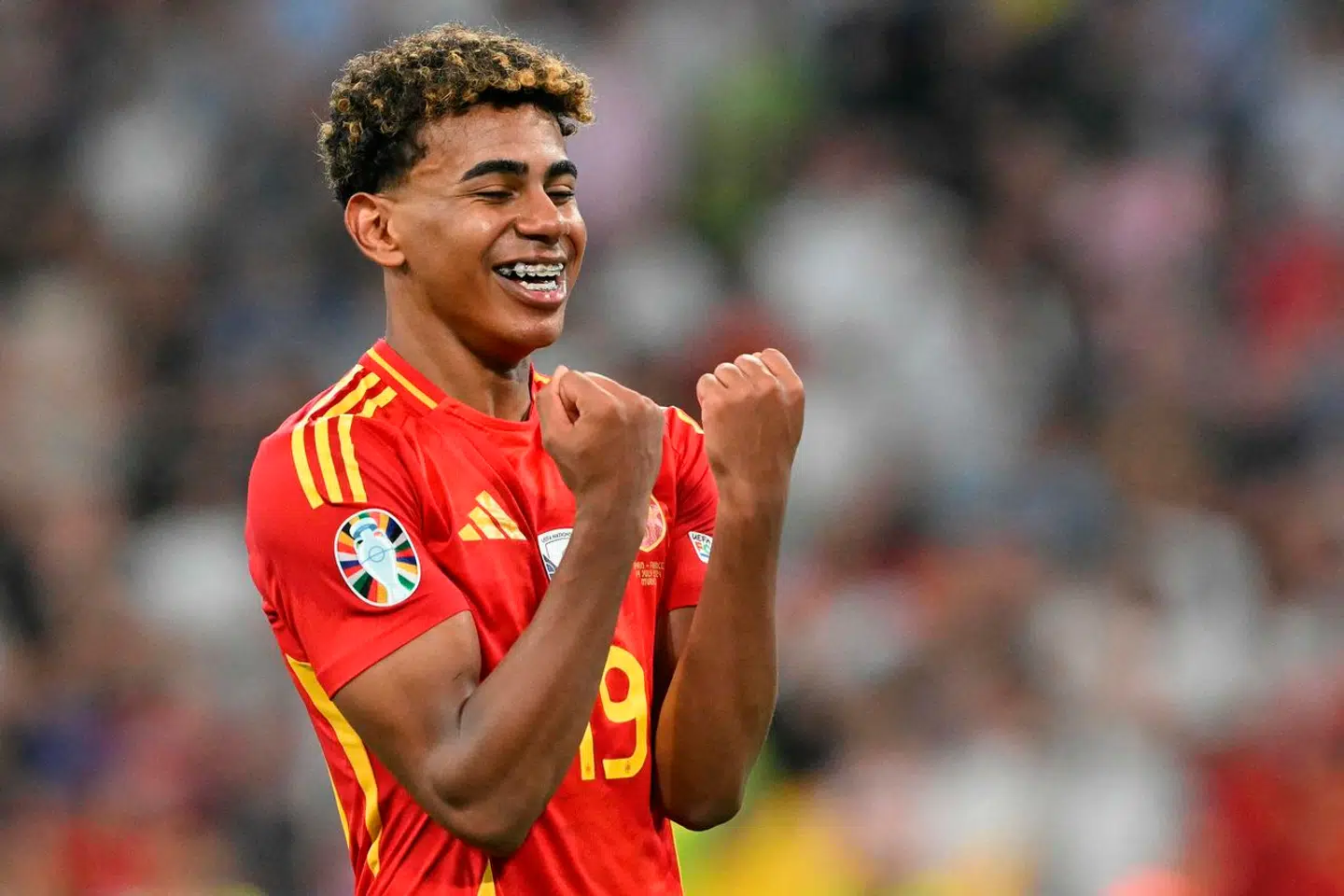 Spain's forward #19 Lamine Yamal celebrates at the end of the UEFA Euro 2024 semi-final football match between Spain and France at the Munich Football Arena in Munich on July 9, 2024. (Photo by MIGUEL MEDINA / AFP)