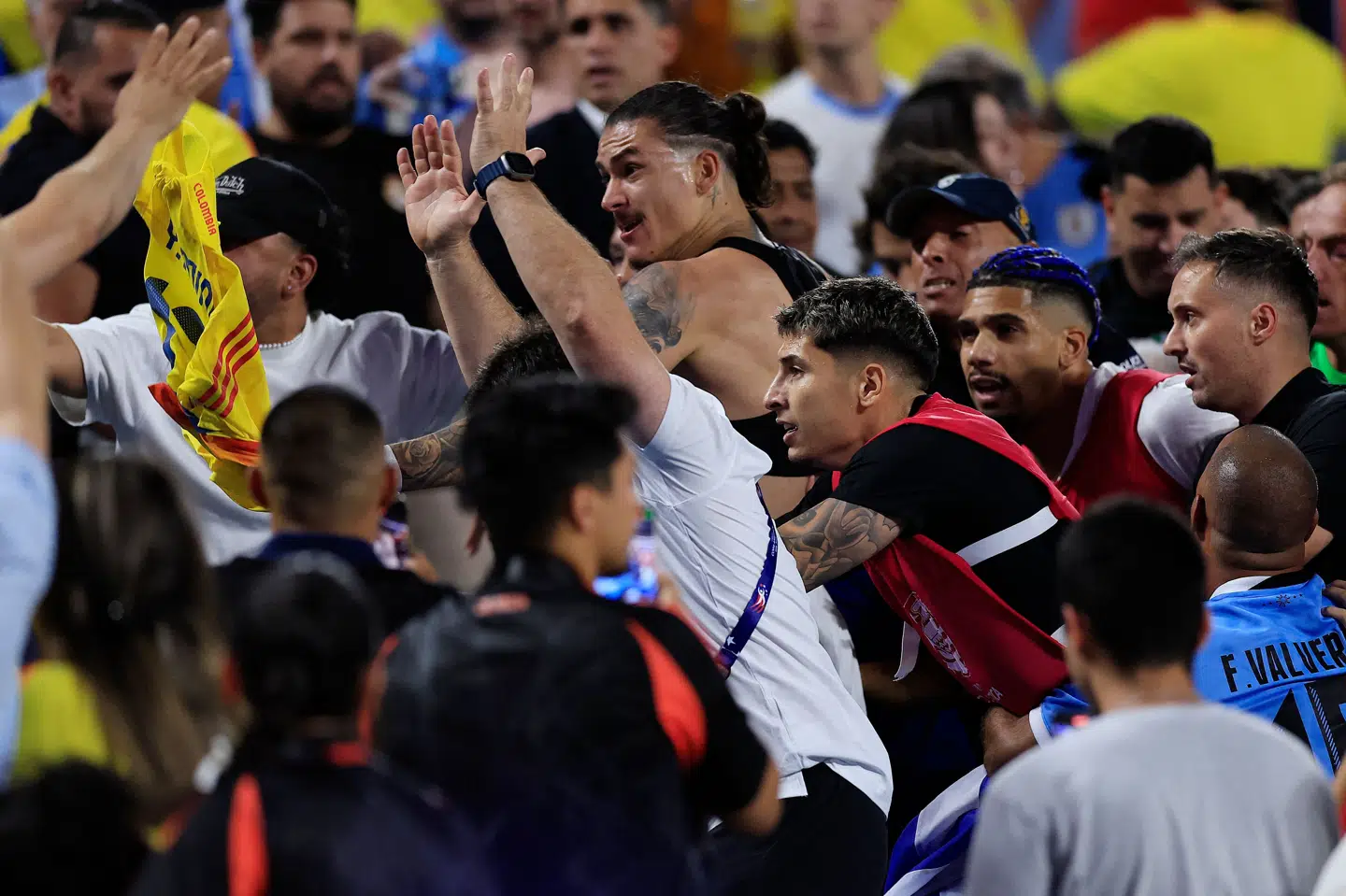 Nunez er på tv-billederne i bar mave - kun iført en form for sports-bh, der måler diverse data. Han ser ud til at tildele i hvert fald én colombiansk fan flere slag.
