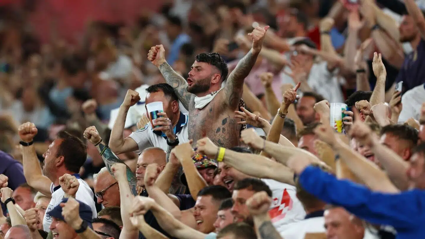 Soccer Football – Euro 2024 – Semi Final – Netherlands v England – Dortmund BVB Stadion, Dortmund, Germany – July 10, 2024 England fans celebrate after England's Ollie Watkins scores their second goal REUTERS/Lee Smith