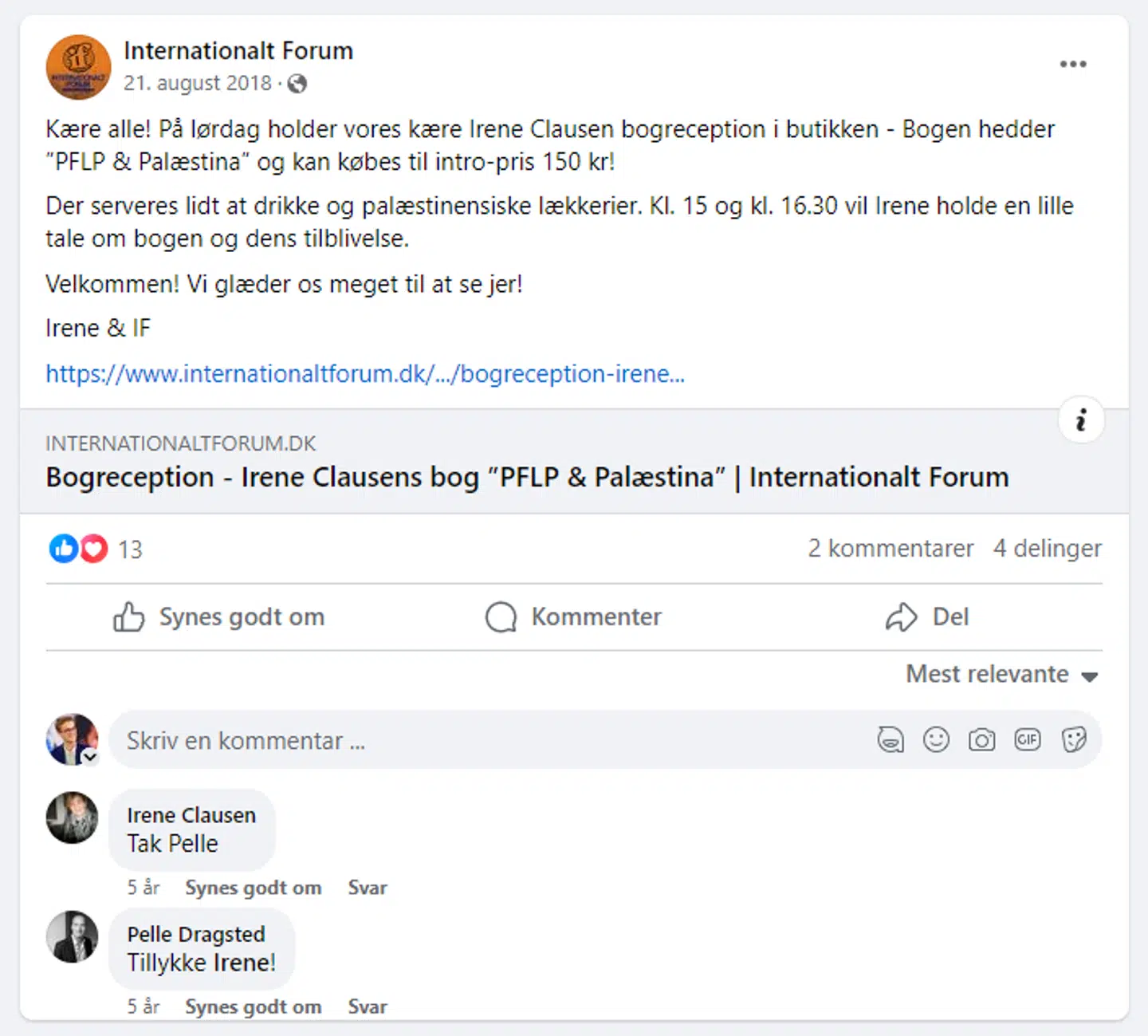 Her ses Pelle Dragsted lykønske Internationalt Forums aktivist Irene Clausen med udgivelsen af bogen 'PFLP & Palæstina'.