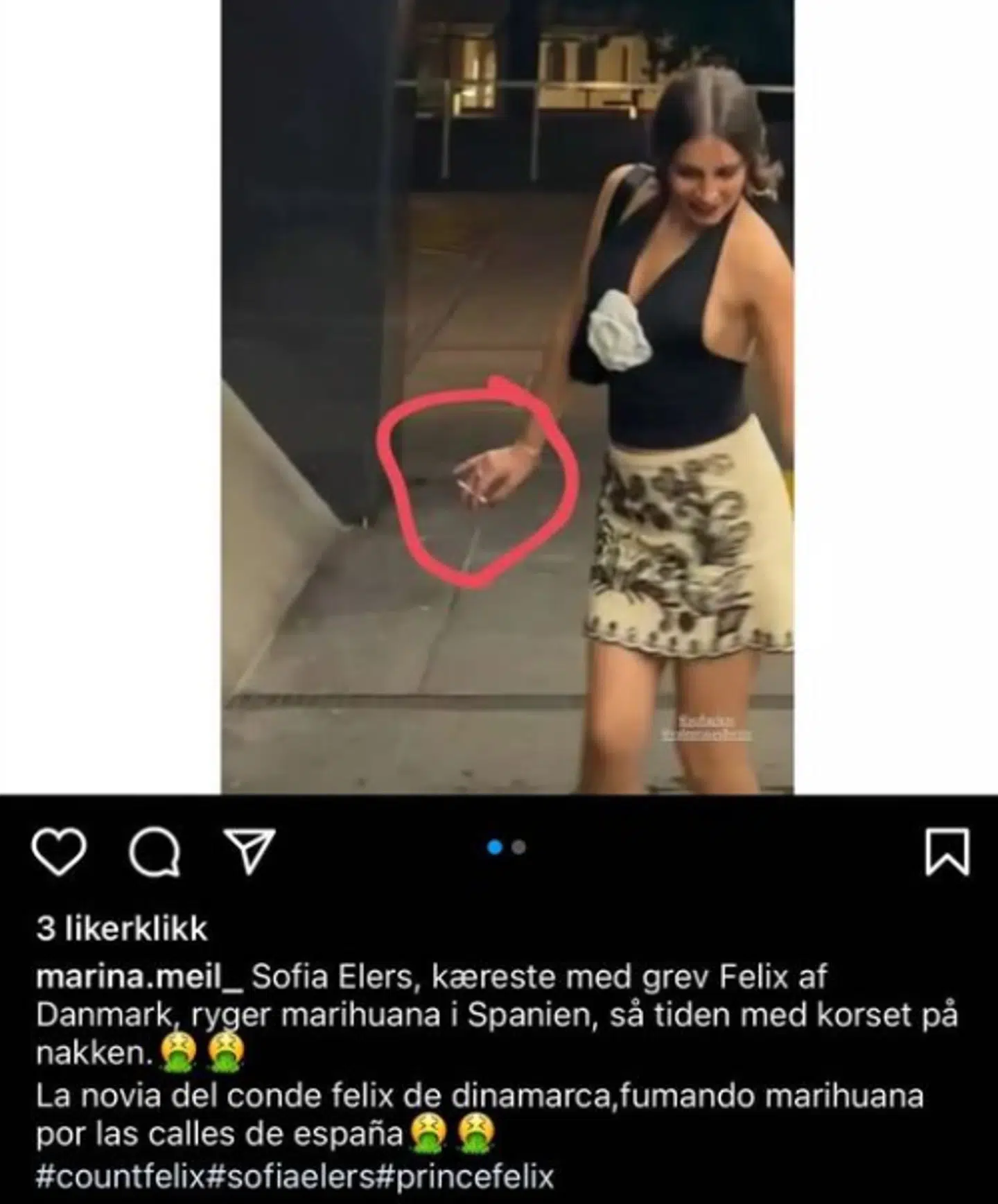 De mange falske profiler skriver ofte på gebrokkent dansk og spreder hadefulde løgne om Mie Sofia Elers. Blandt andet dette opslag om, at hun skulle have røget en joint i Spanien. Foto: Instagram