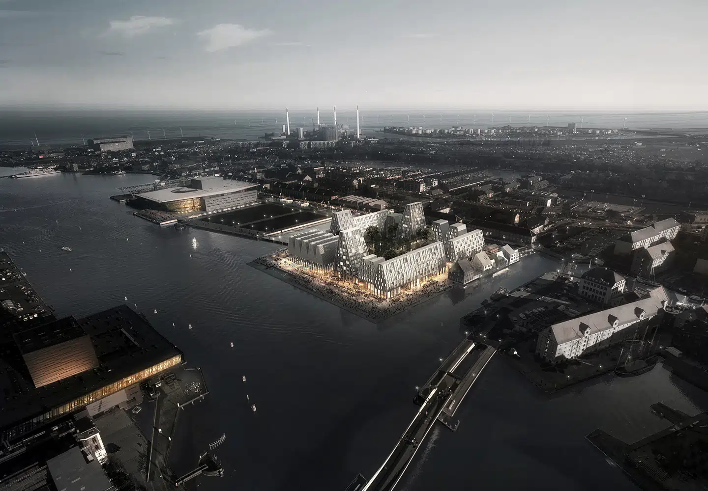 Ud mod vandet skal Christiansholm, hvis bygninger skal designes af arkitektfirmaet COBE, afspejle byens historiske havnefront samt moderne dansk design. Rendering: COBE