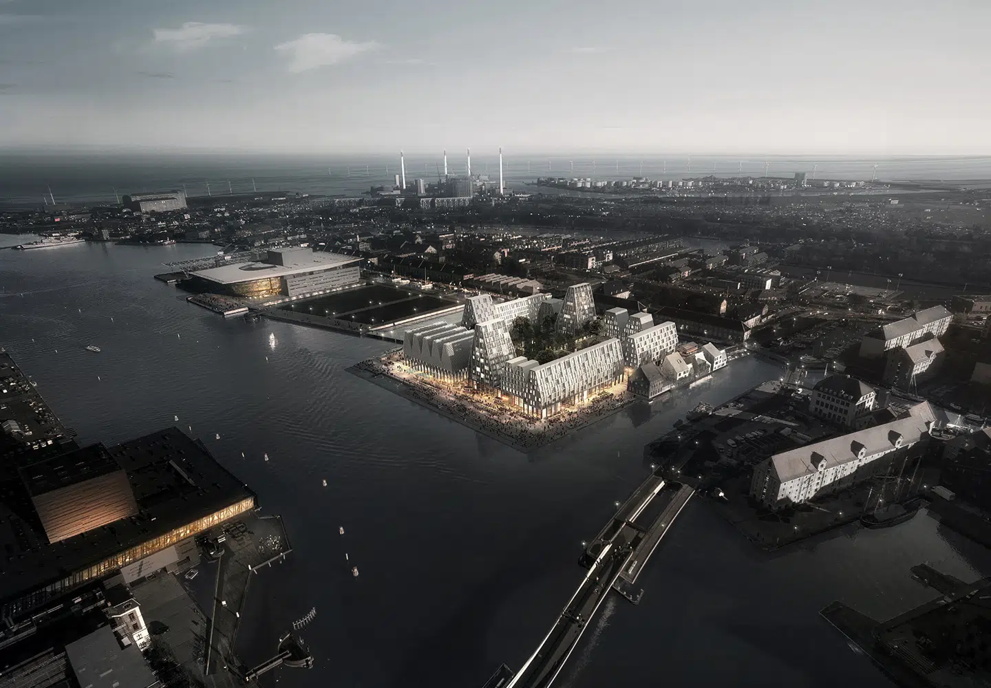 Ud mod vandet skal Christiansholm, hvis bygninger skal designes af arkitektfirmaet COBE, afspejle byens historiske havnefront samt moderne dansk design. Rendering: COBE
