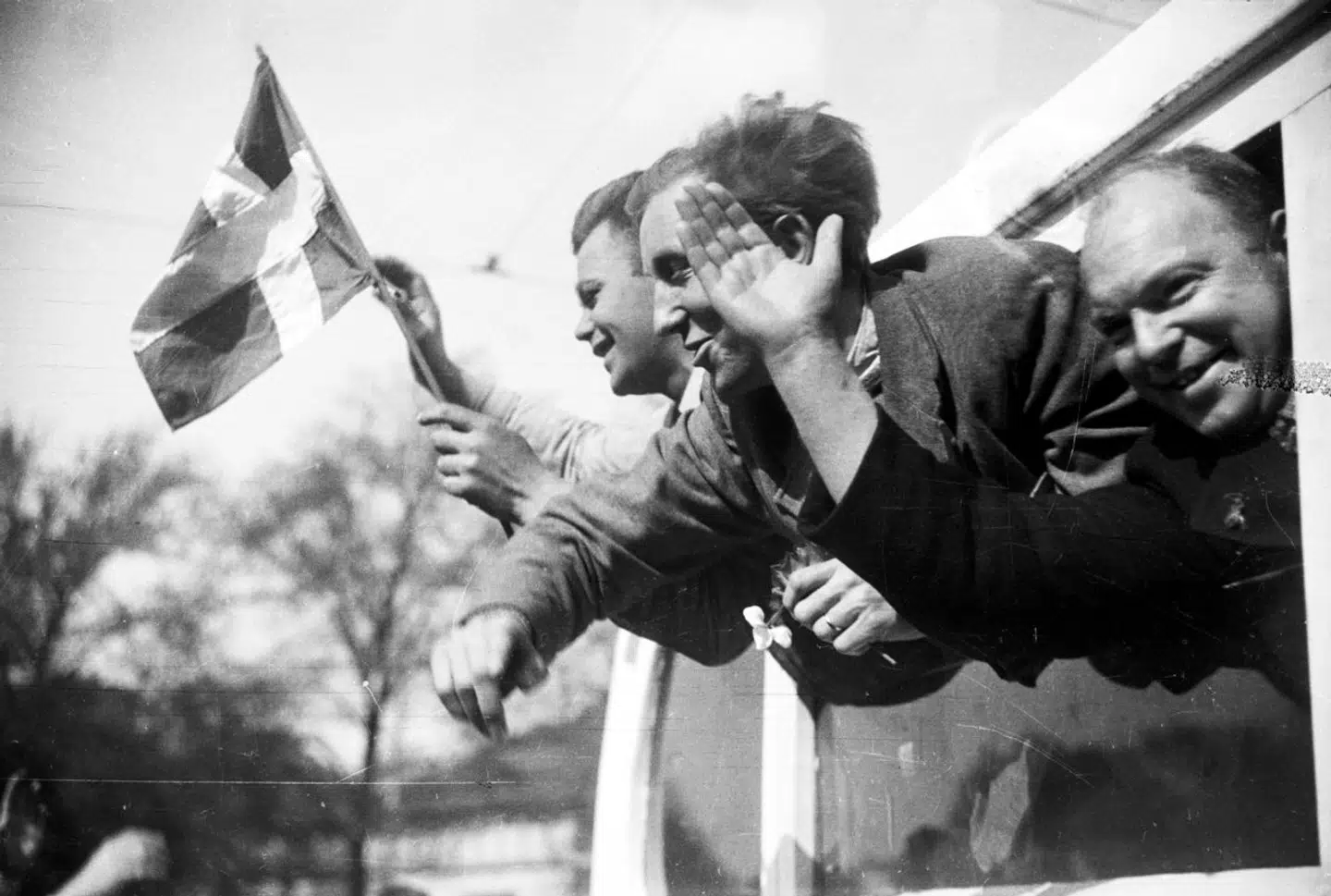 »Greve Folke Bernadotte, hvis Navn altid vil nævnes som Symbol på Menneskekærlighed, havde reddet 423 danske Jøders Liv!« skrev den danske overrabbiner, dr. Max Friediger, men havde Bernadotte nu også det, spørger kronikøren. Her ses fanger, der bliver kørt til Danmark og Sverige i de såkaldte hvide busser. På billedet ankommer en af busserne med politifolk, der har været interneret.