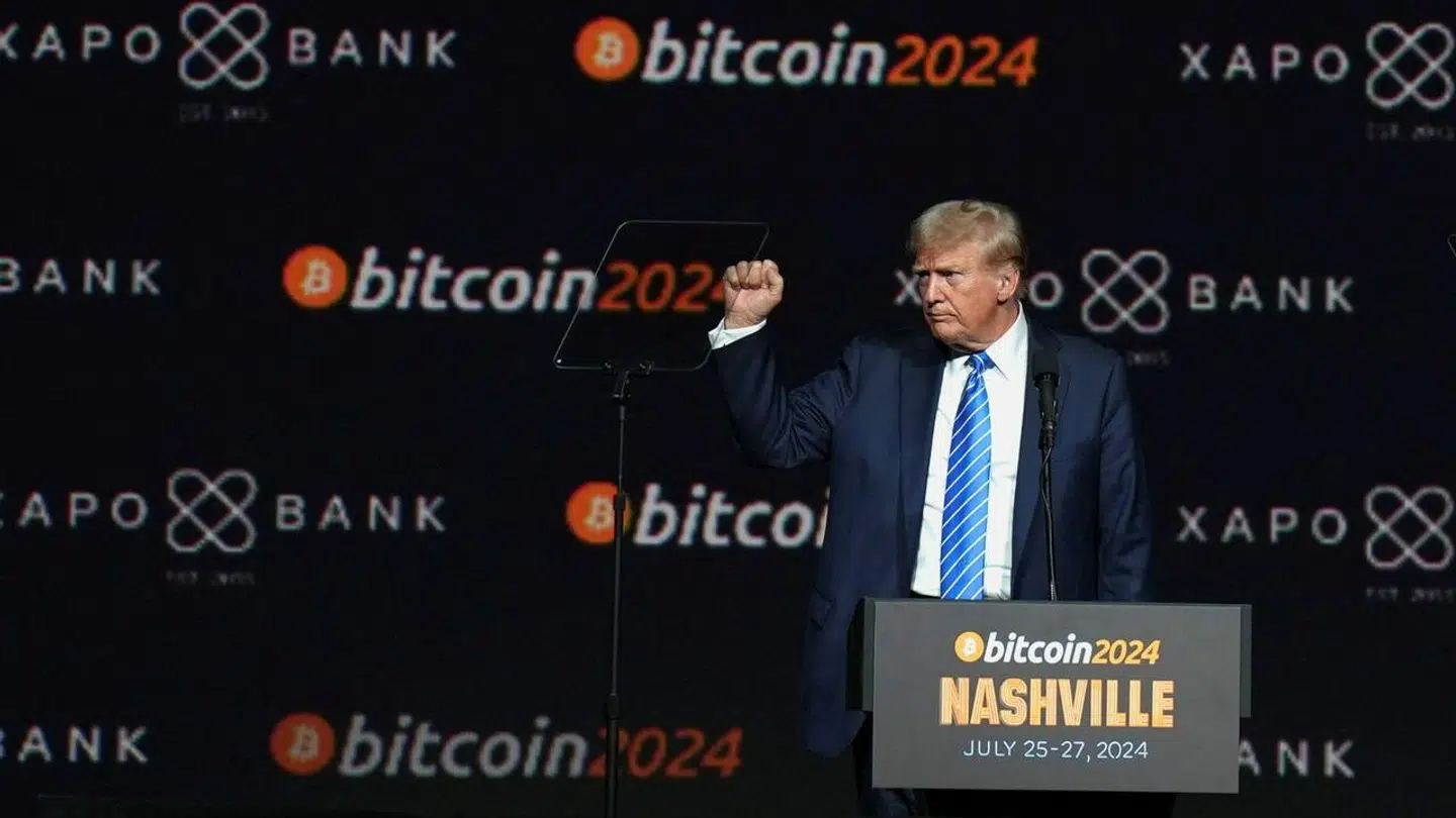 Republican presidential nominee and former U.S. President Donald Trump gestures at the bitcoin 2024 event in Nashville, Tennessee, U.S., July 27, 2024. REUTERS/Kevin Wurm