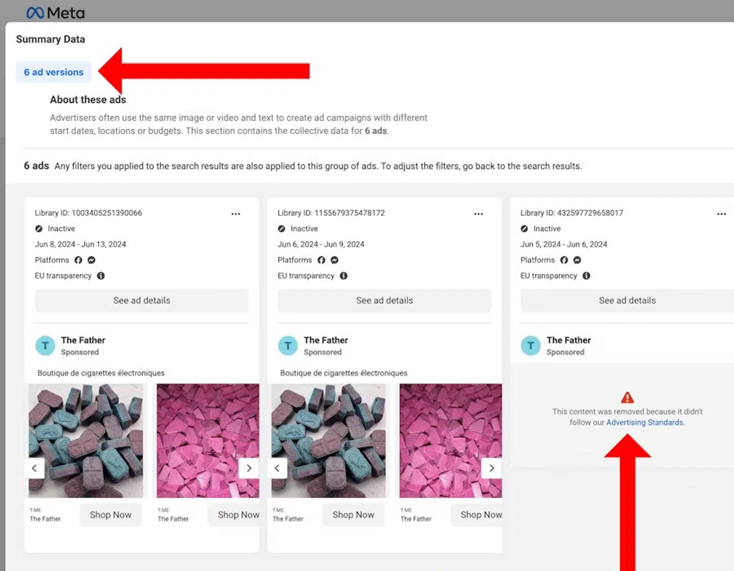 Her er nogle eksempler på de reklamer, som ifølge The Wall Street Journal og Tech Transparency Project har kørt på Facebook eller Instagram.