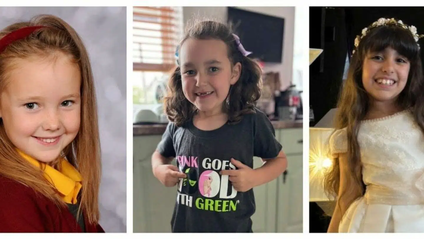 De tre dræbte børn fra Southport. Fra venstre er det 7-årige Elsie Dot Stancombe, 6-årige Bebe King og 9-årige Alice Dasilva Aguiar.