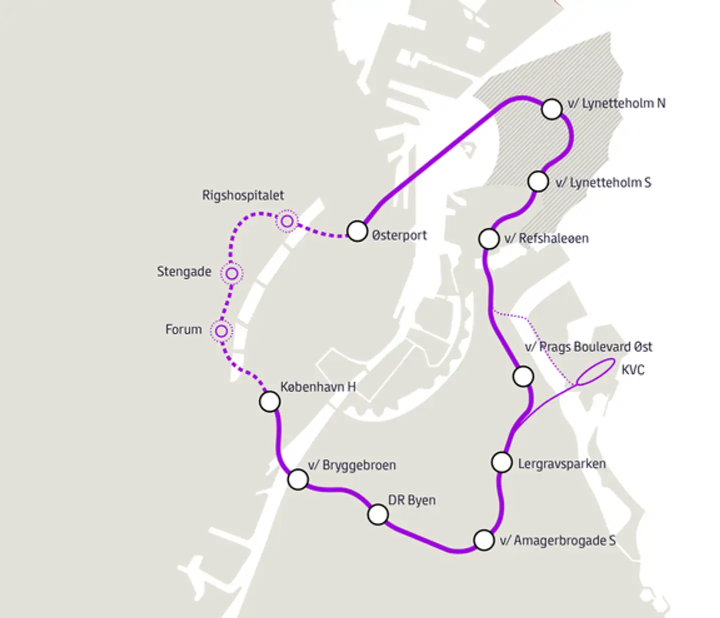 Her kan du se, hvordan Metrolinjen M5 kan komme til at se ud. Den vil gøre det nemmere at rejse på tværs af Amager og forbinde M1 og M², som kører parallelt.