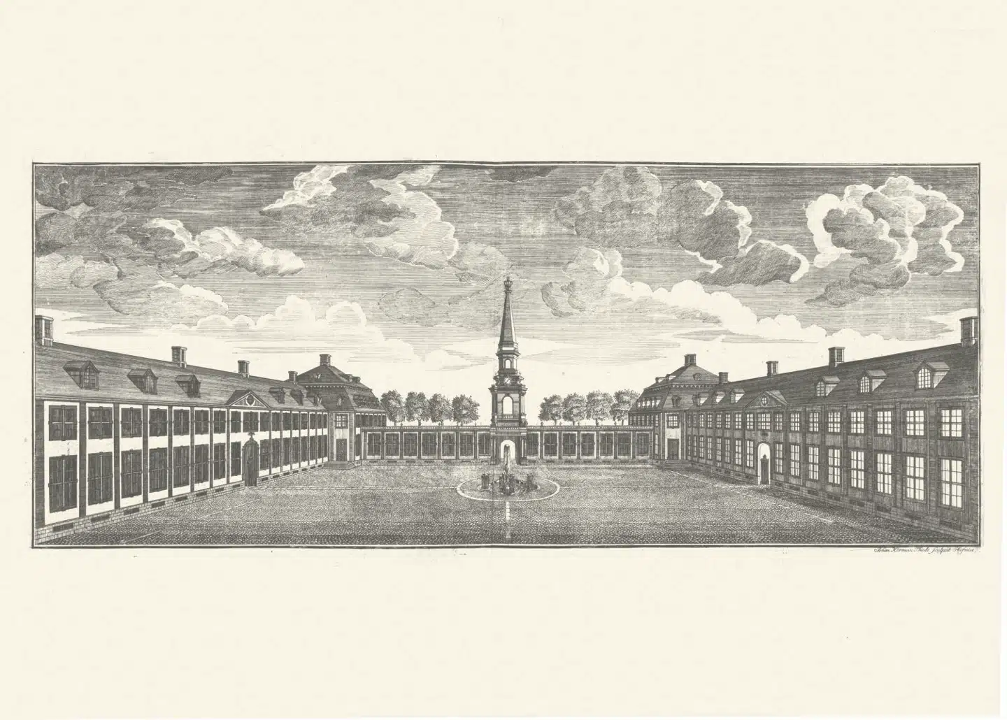 Kigget fra hovedbygningen til ankomstporten mod nord