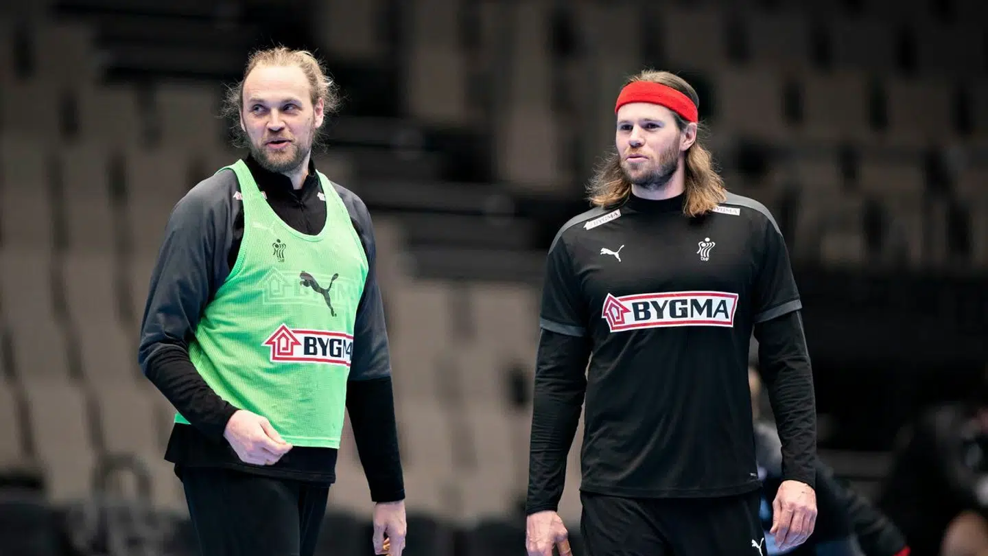 Mikkel Hansen og Henrik Møllgaard ved det danske herrehåndboldlandshold træner i Gigantium i Aalborg, mandag den 8. marts 2021. (Foto: Henning Bagger/Ritzau Scanpix)