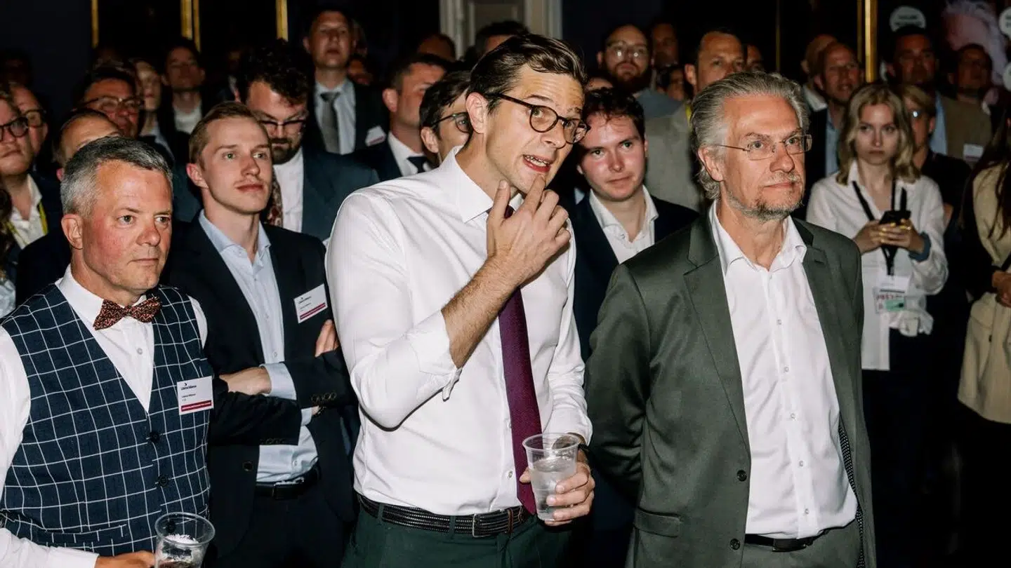 Alex Vanopslagh og Henrik Dahl til valgfest på Christiansborg i forbindelse med valget til Europa-Parlamentet, hvor Liberal Alliance fik syv procent af stemmerne. Foto: Mathias Svold