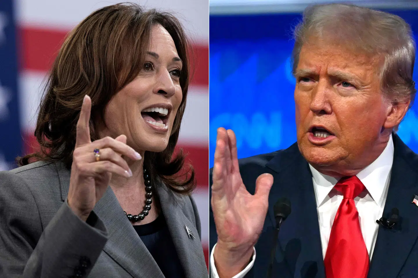 Donald Trump (højre) skriver tirsdag morgen dansk tid, at Kamala Harris har sagt nej tak til at debattere mod ham i en udsendelse på den amerikanske fjernsynskanal Fox News.