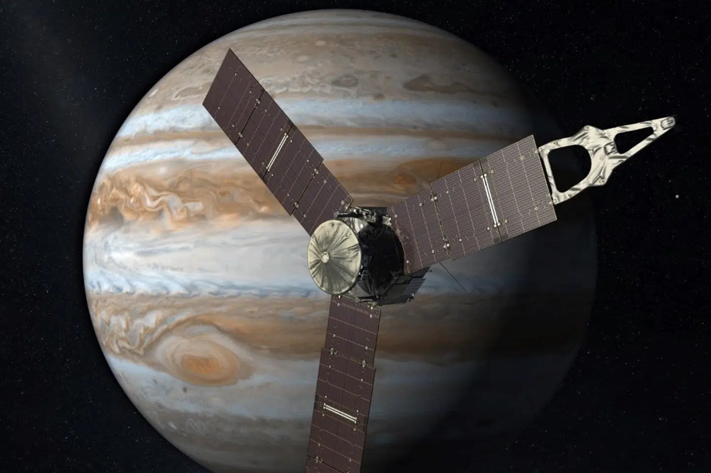 Visualisering af Juno-rumfartøjet, som efter en rejse på fem år i 2016 ankom til Jupiter for at studere den gigantiske planet. DTU's stjernekamera var om bord herpå.