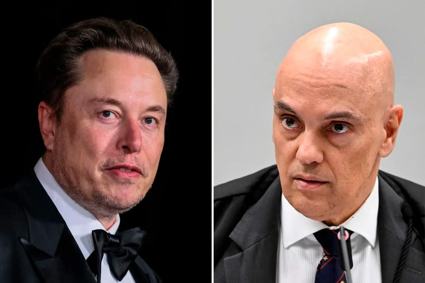 Elon Musk (til venstre) omtaler den brasilianske højesteretsdommer Alexandre de Moraes som »en ond diktator klædt ud som dommer«.