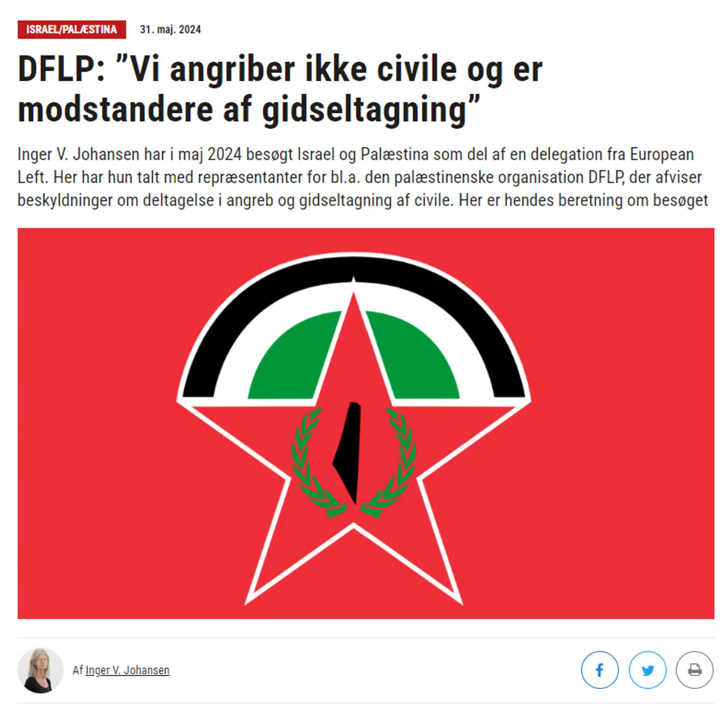 Screenshot af Inger V. Johansens indlæg på Solidaritet.dk om sit møde med DFLP-lederen Qais Abd al-Karim.