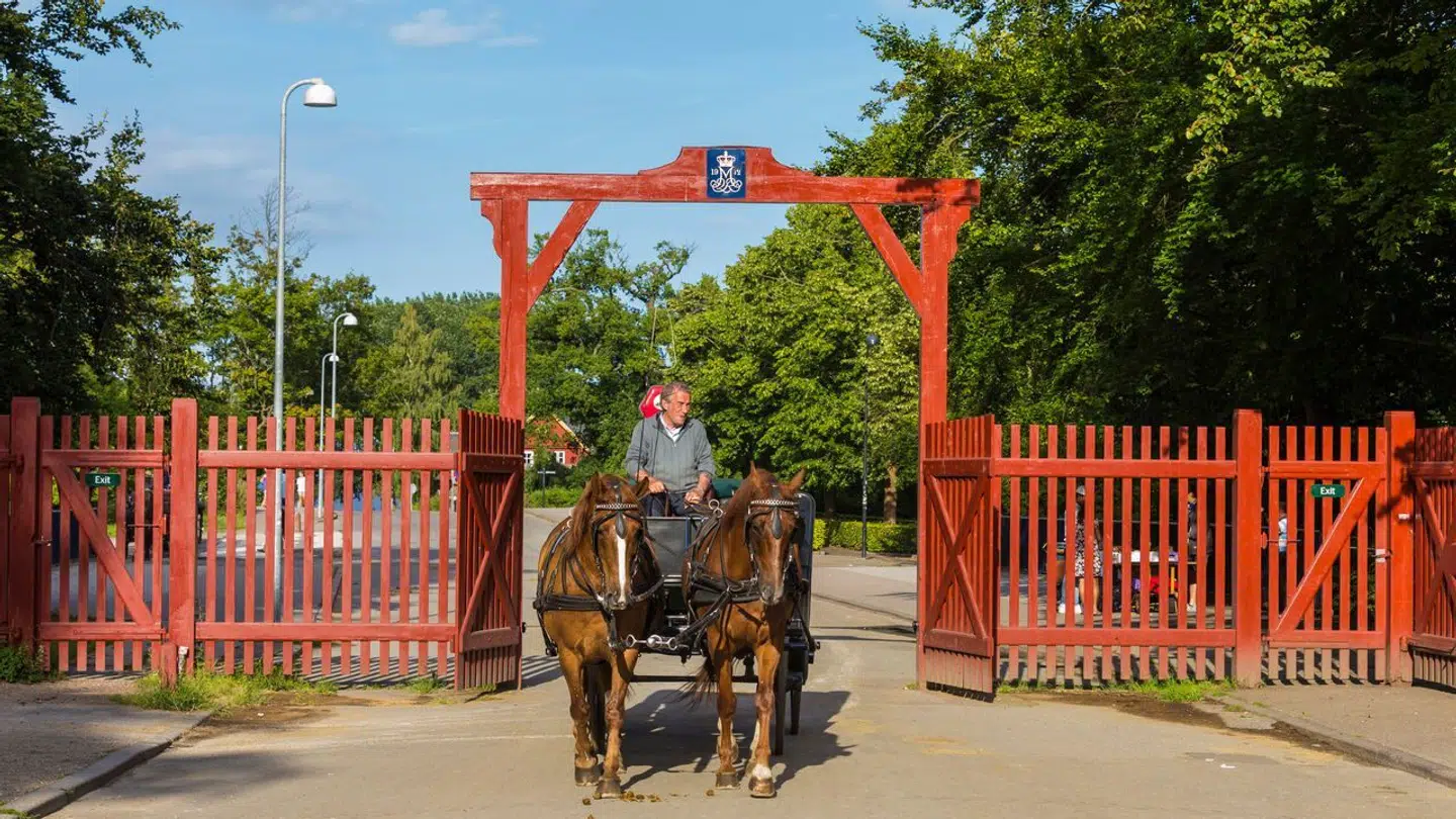 Hestevogn kører igennem en rød port i Dyrehaven
