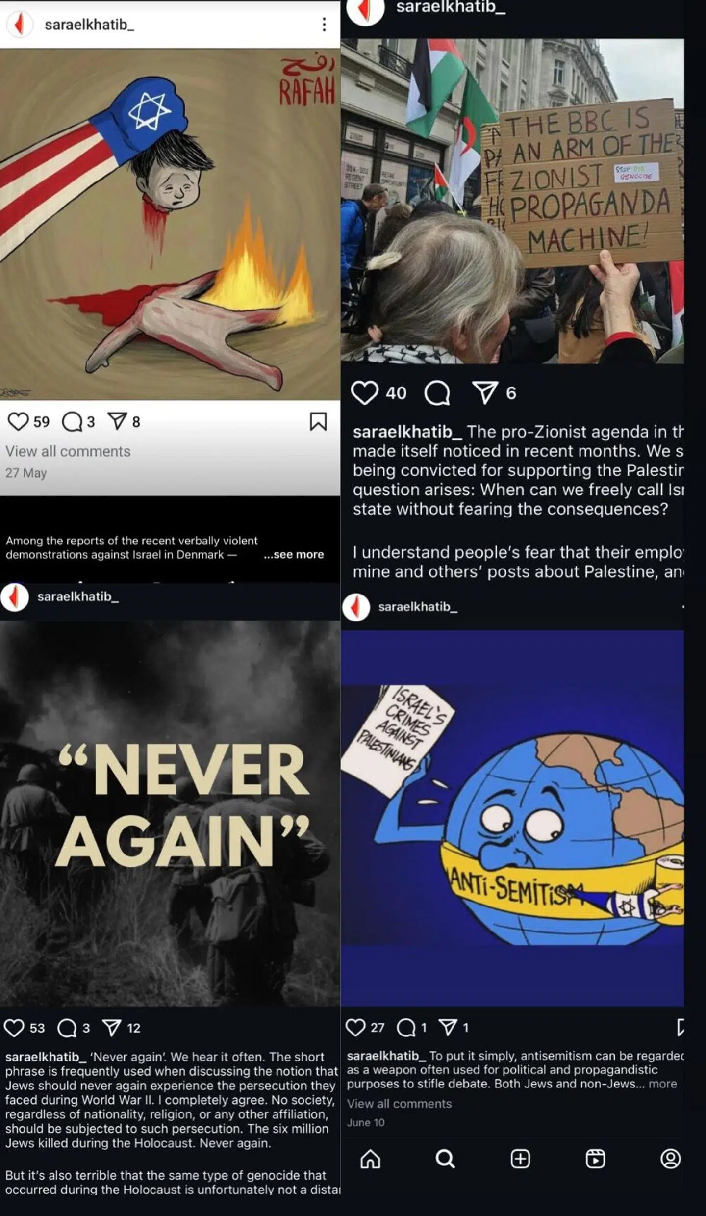 Sara El-Khatib er bestyrelsesmedlem hos Mellemfolkeligt Samvirke og er en af dem, der anklages for at sprede konspirationsteorier eksempelvis om, at 'zionister' styrer medierne.