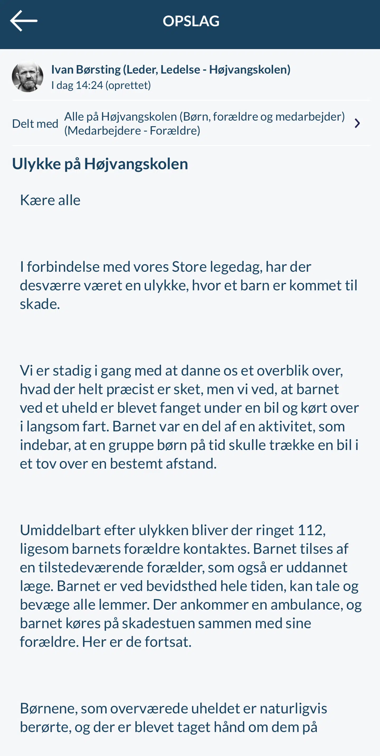 Aula-beskeden der fredag blev sendt ud til forældre og medarbejdere på Højvangskolen.