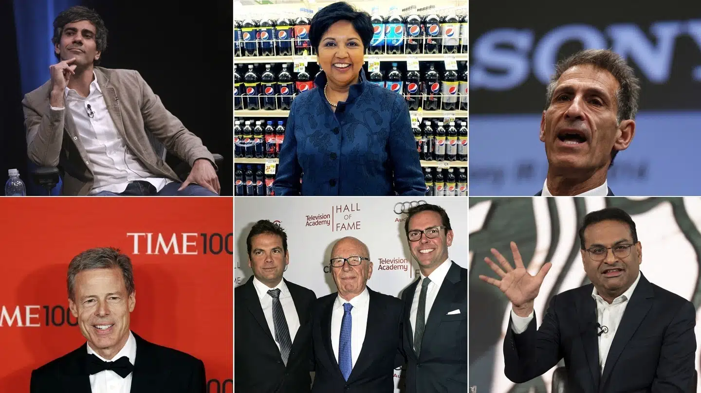 Yelp-direktør Jeremy Stoppelman, tidligere PepsiCo-direktør Indra Nooyi, tidligere Sony-direktør Michael Lynton, tidligere Time Warner-direktør Jeff Bewkes, mediemogulen Rupert Murdochs søn James Murdoch (th) samt tidligere Starbucks-direktør Laxman Narasimhan er blandt underskriverne af støttebrevet for Kamala Harris.