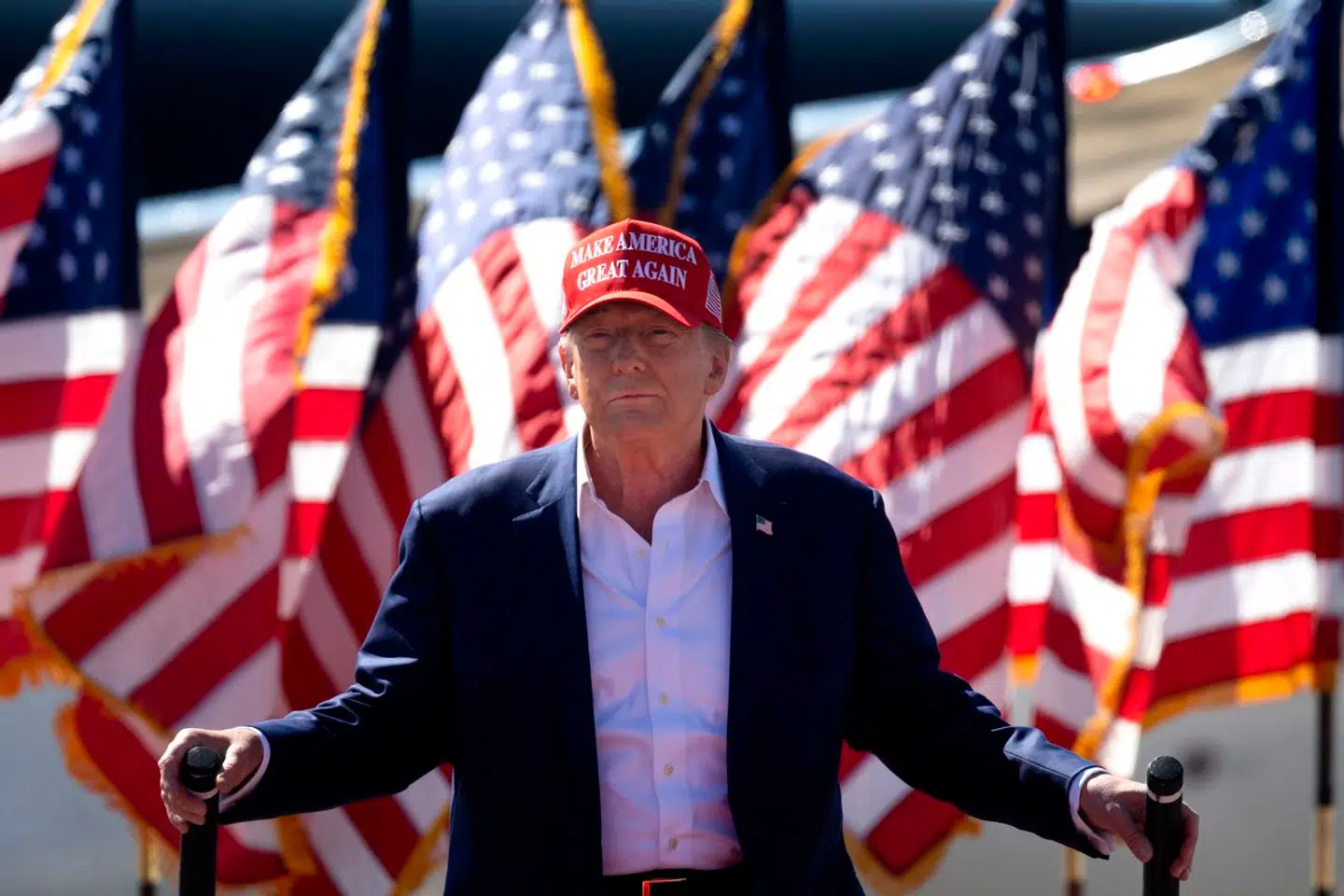 MOSINEE, WISCONSIN - SEPTEMBER 07: Republican presidential nominee former President Donald Trump arrives for a campaign event at the Central Wisconsin Airport on September 07, 2024 in Mosinee, Wisconsin. A recent poll has Trump trailing Democratic nominee Vice President Kamala Harris in the battleground state. Scott Olson/Getty Images/AFP (Photo by SCOTT OLSON / GETTY IMAGES NORTH AMERICA / Getty Images via AFP)