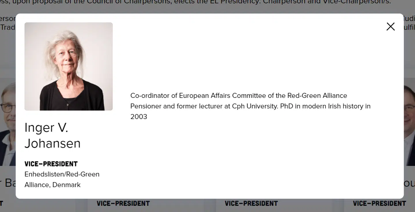 Inger V. Johansens profil på European Lefts hjemmeside.