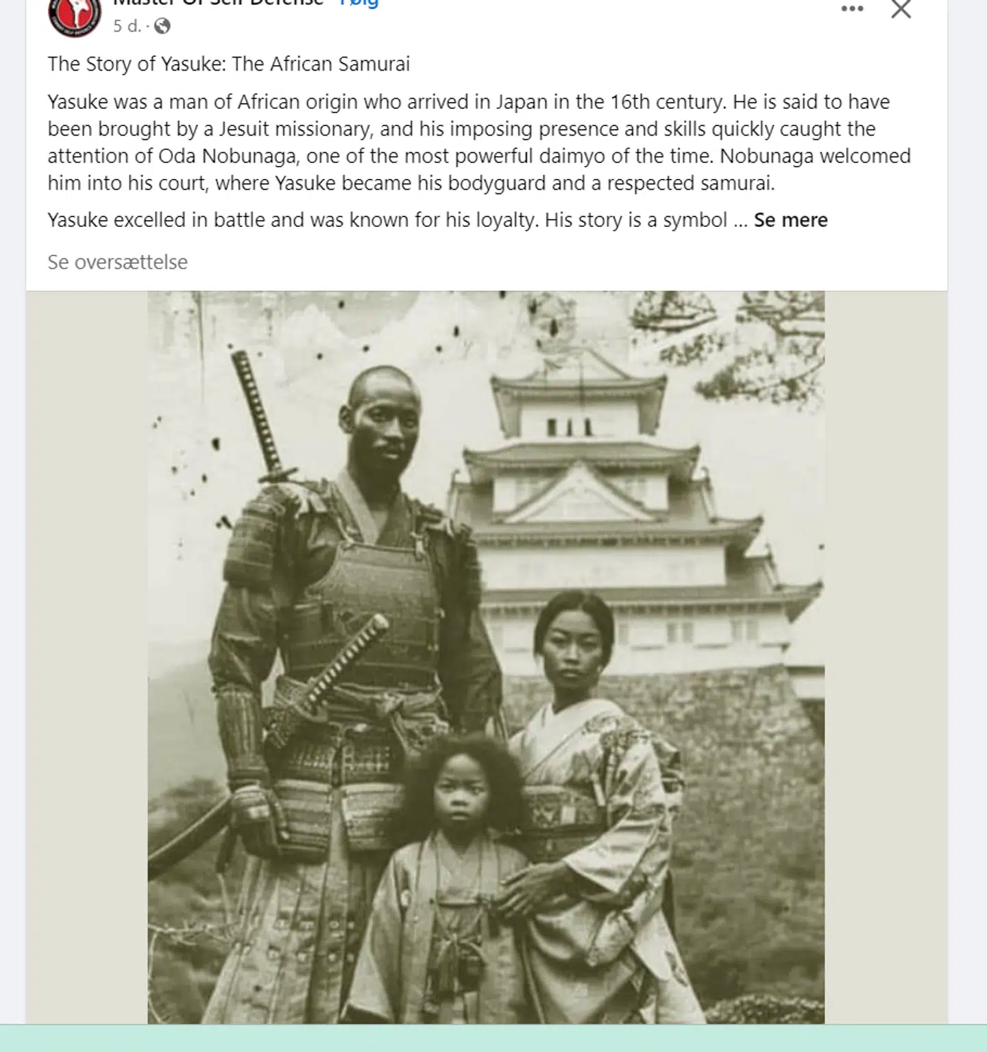 Her ses et billede af en Samurai med afrikansk oprindelse, som skulle have levet i tidligere tider. Selvom der kommer reelle hits på navnet af Samuraien på Google, så skulle billedet altså være taget omkring tre århundrede inden, fotografiet blev opfundet. Det er bare et billede af en helt række i et almindeligt Facebook-feed, de hører til journalisten bag denne artikel.