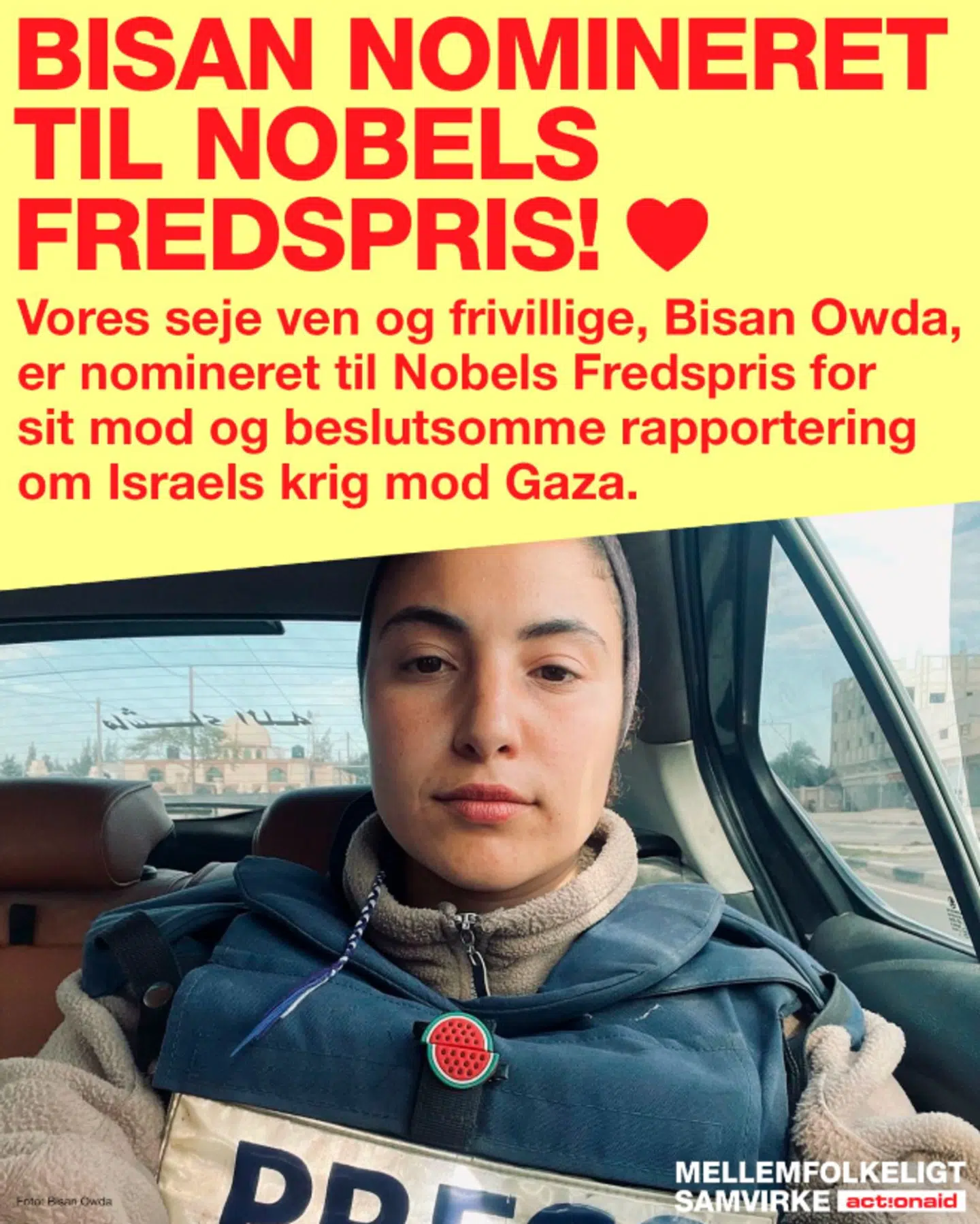 Mellemfolkeligt Samvirke har i forbindelse med Owdas nominering til Nobels Fredspris delt dette opslag på deres SoMe-profiler med en dertilhørende støttende tekst.