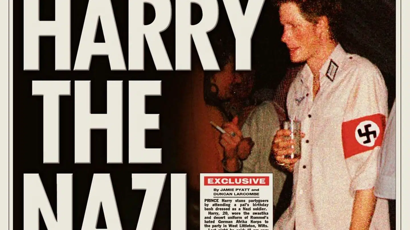 Prins Harrys naziudklædning på forsiden af den engelske avis The Sun.
