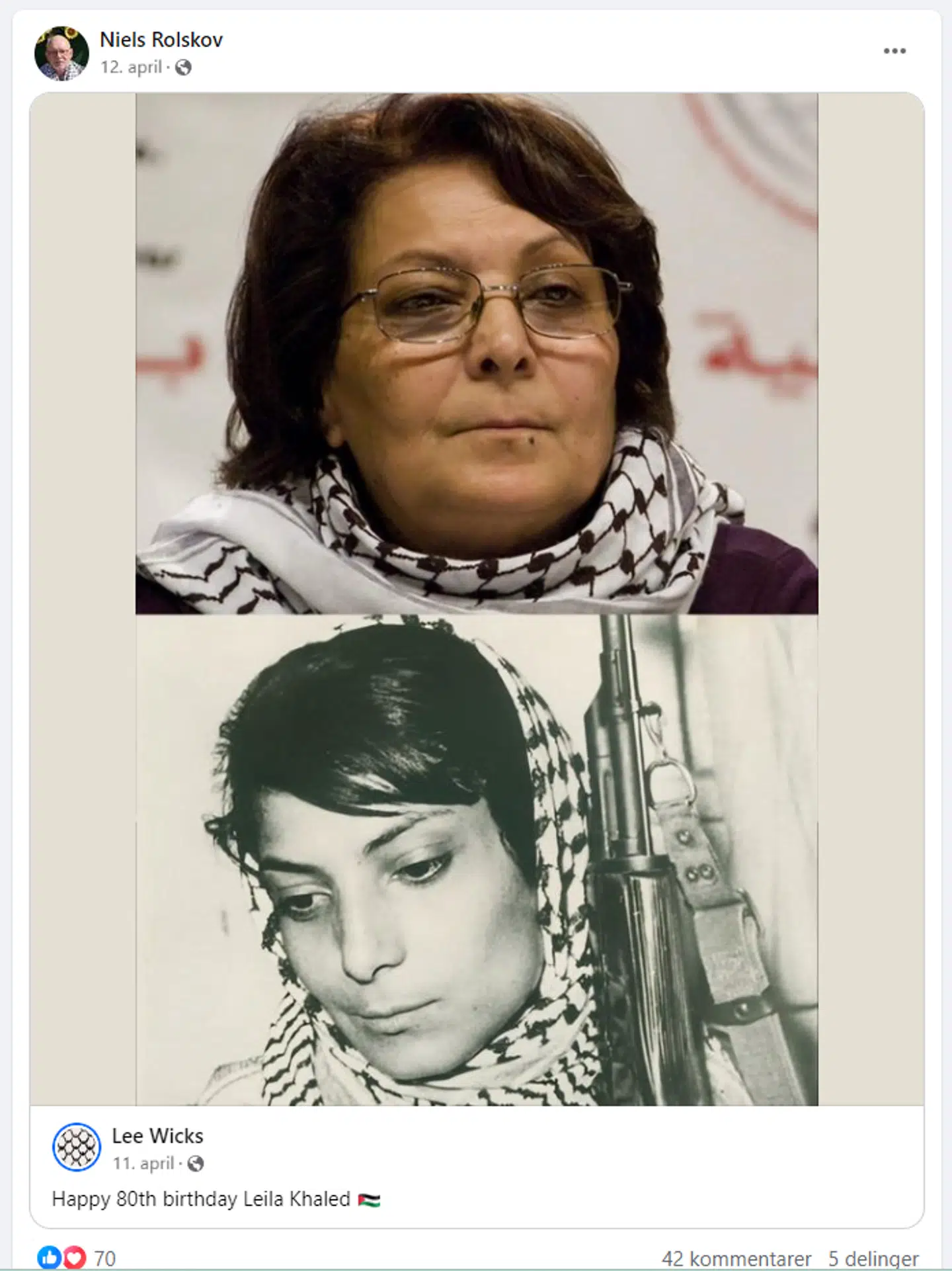 Her ses det Facebookopslag, hvor Niels Rolskov ønsker PFLP-terroristen Leila Khaled tillykke med fødselsdagen.
