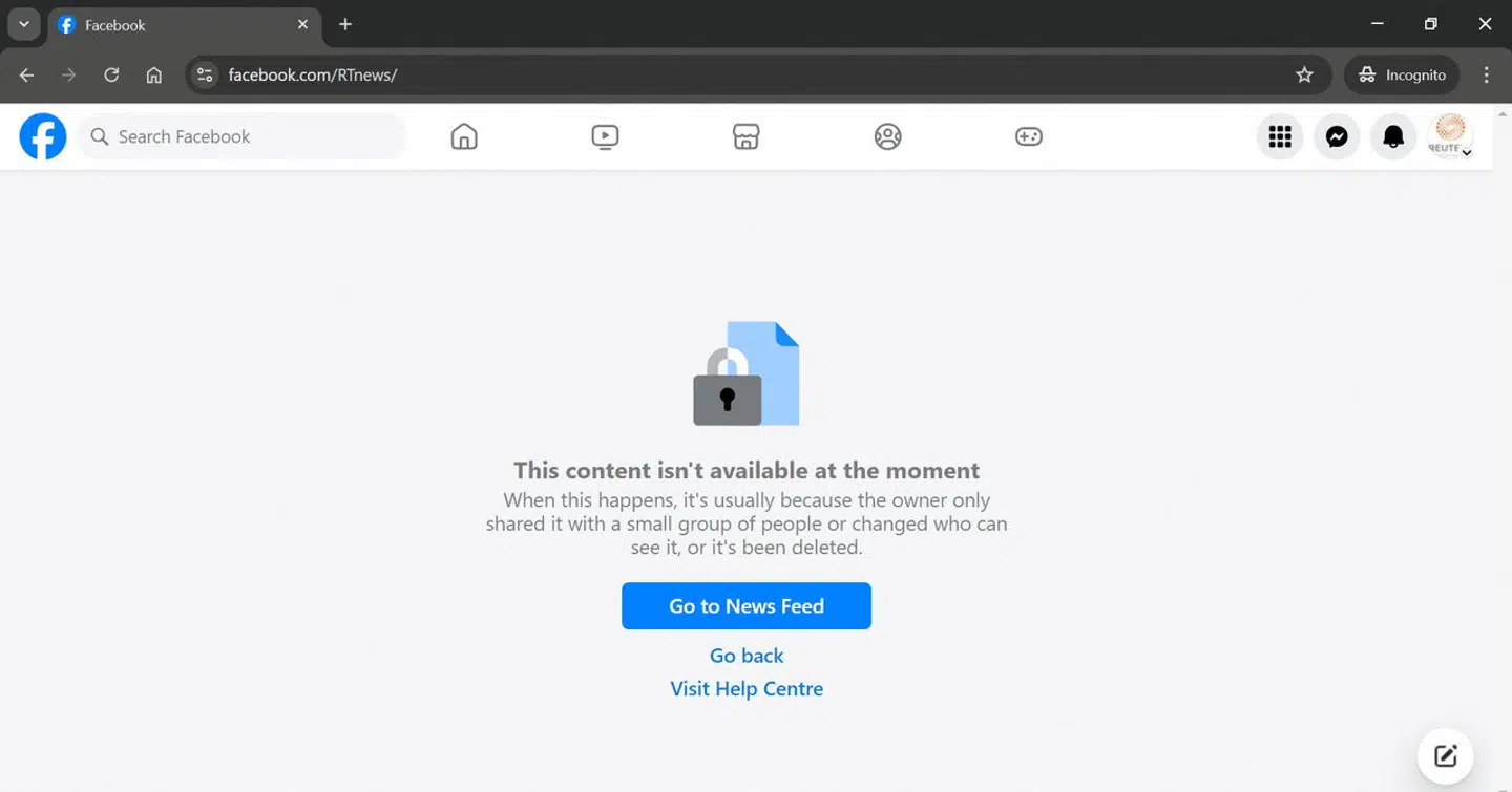 Facebook-siden for det russiske statsmedie RT (Russia Today) er nu blokeret, sådan som også andre russiske statsmedier som nyhedsbureauet RIA er blevet det.