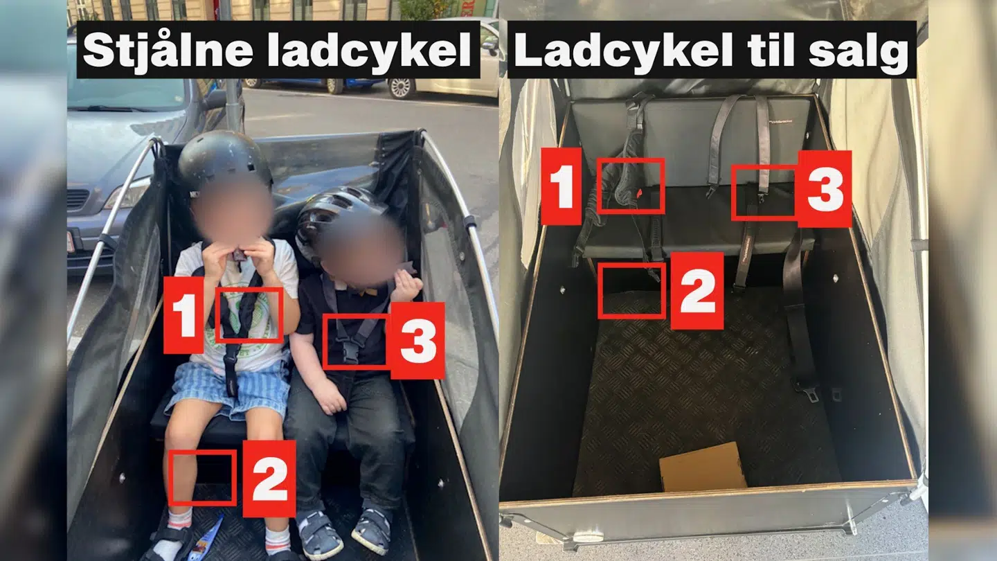 Sofie og hendes mand spottede hurtigt mange lighedspunkter mellem deres stjålne ladcykel og den ladcykel, som en cykelhandler kort efter satte til salg. Eksempelvis 1) de brede skulderstropper på det ene barnesæde, 2) de smalle, lysere skulderstropper på det andet barnesæde og 3) en karakteristisk bule i bundpladens bagkant.