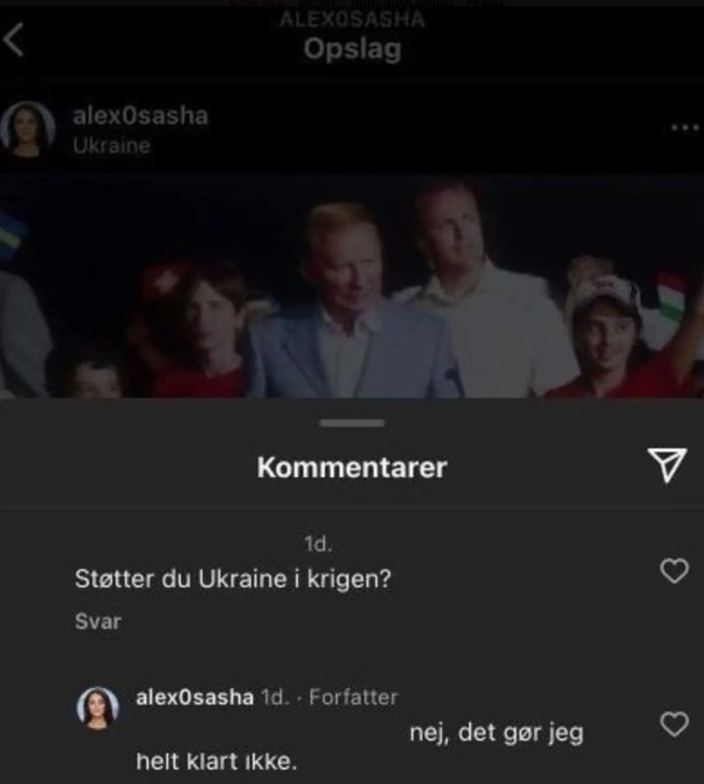 Her ses det omtalte svar fra Alexandra Sashas profil på Instagram. Ifølge Venstre-kandidaten har hun ikke selv skrevet svaret, men er blevet udsat for et hackerangreb. B.T. har sløret navnet på den Instagram-bruger, der stillet Sasha spørgsmålet. Foto: Screenshot
