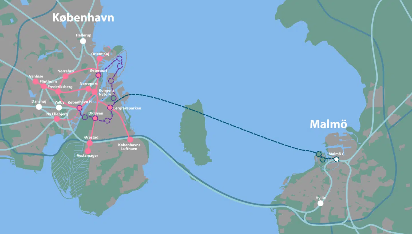 Kort over Øresund med Øresundsbroen og den planlagte Øresundsmetro (stiplet linje).
