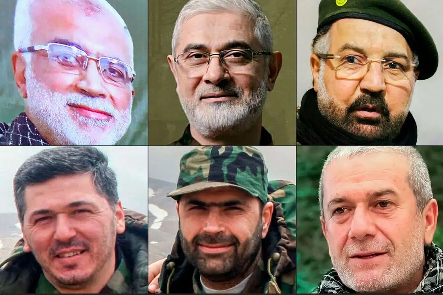 Seks prominente medlemmer af Hizbollah, som alle er blevet dræbt af Israel: Fra venstre øverst er det Ibrahim Mohammed Kobeissi, Ibrahim Aqil, Fuad Shukr. Fra venstre nederst er det Sami Abdallah, Wissam Tawil og Mohammed Naameh Nasser.