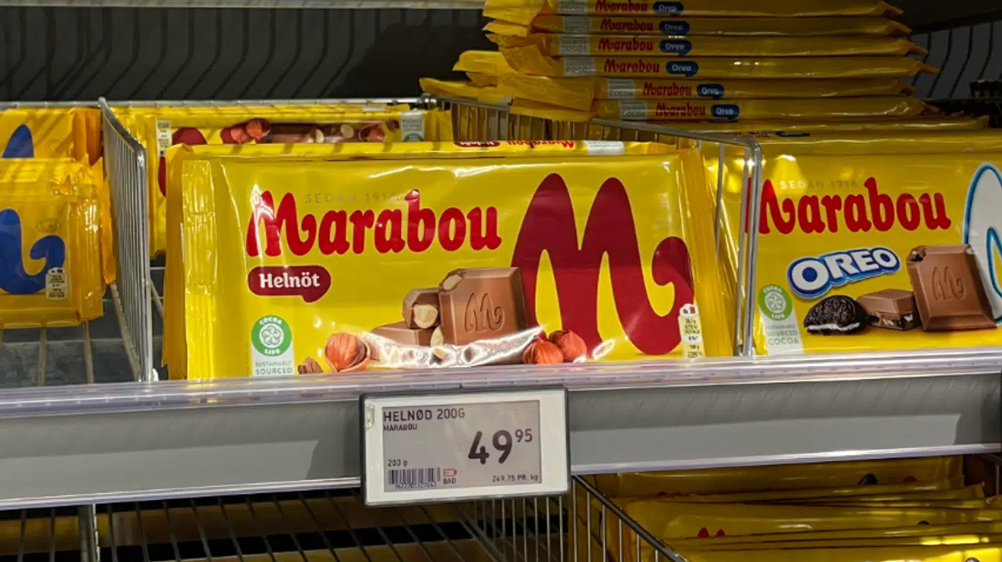 Her ses prisen for en plade Marabou på 200 gram i Føtex.