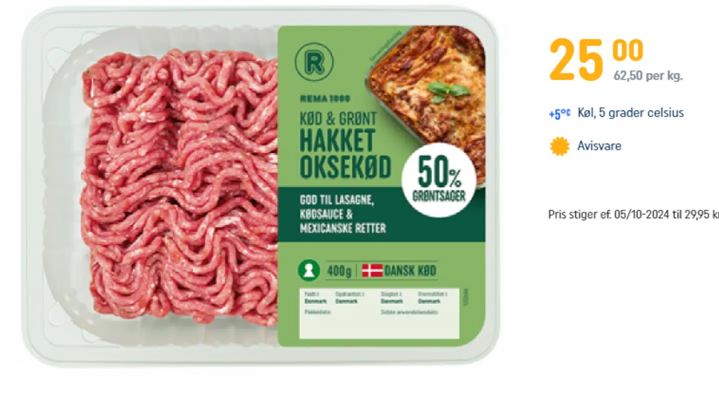 Her ses nye produkt, hvor der er 50 procent oksekød og 50 procent grønt.