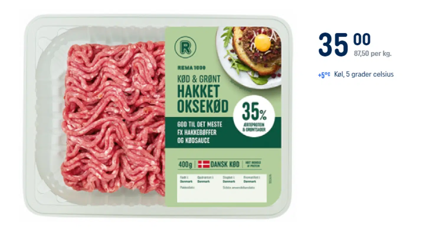 Før var der 25 procent grønt i blandingsproduktet, men fra mandag er det hævet til 35 procent, mens der tilsvarende er skåret i mængden af oksekød.