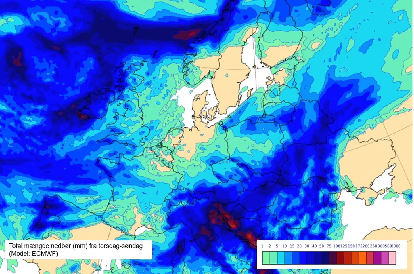 Danmark ligger lige i smørhullet, mens det sydøstlige Europa rammes hårdt af regn.