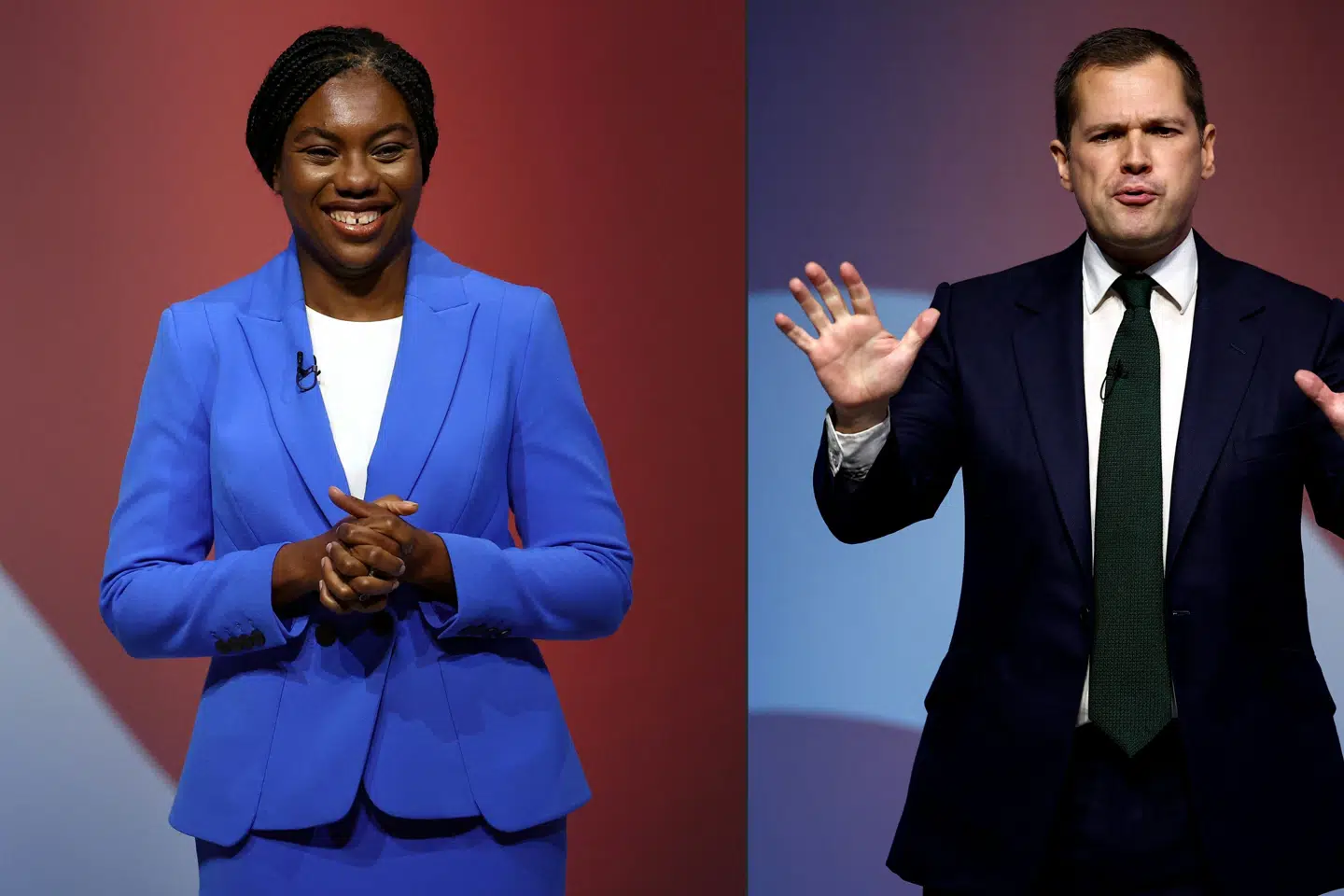 Kemi Badenoch (tv). og Robert Jenrick kæmper nu om de menige konservative partimedlemmers gunst i kampen om at blive konservativ partiformand.