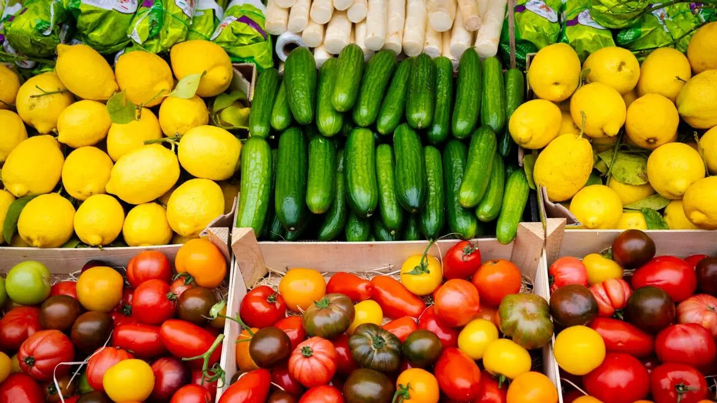 Citroner, agurker og tomater på grøntmarked ved Torvehallerne i København, torsdag den 11. april 2024. (Foto: Ida Marie Odgaard/Scanpix 2024)