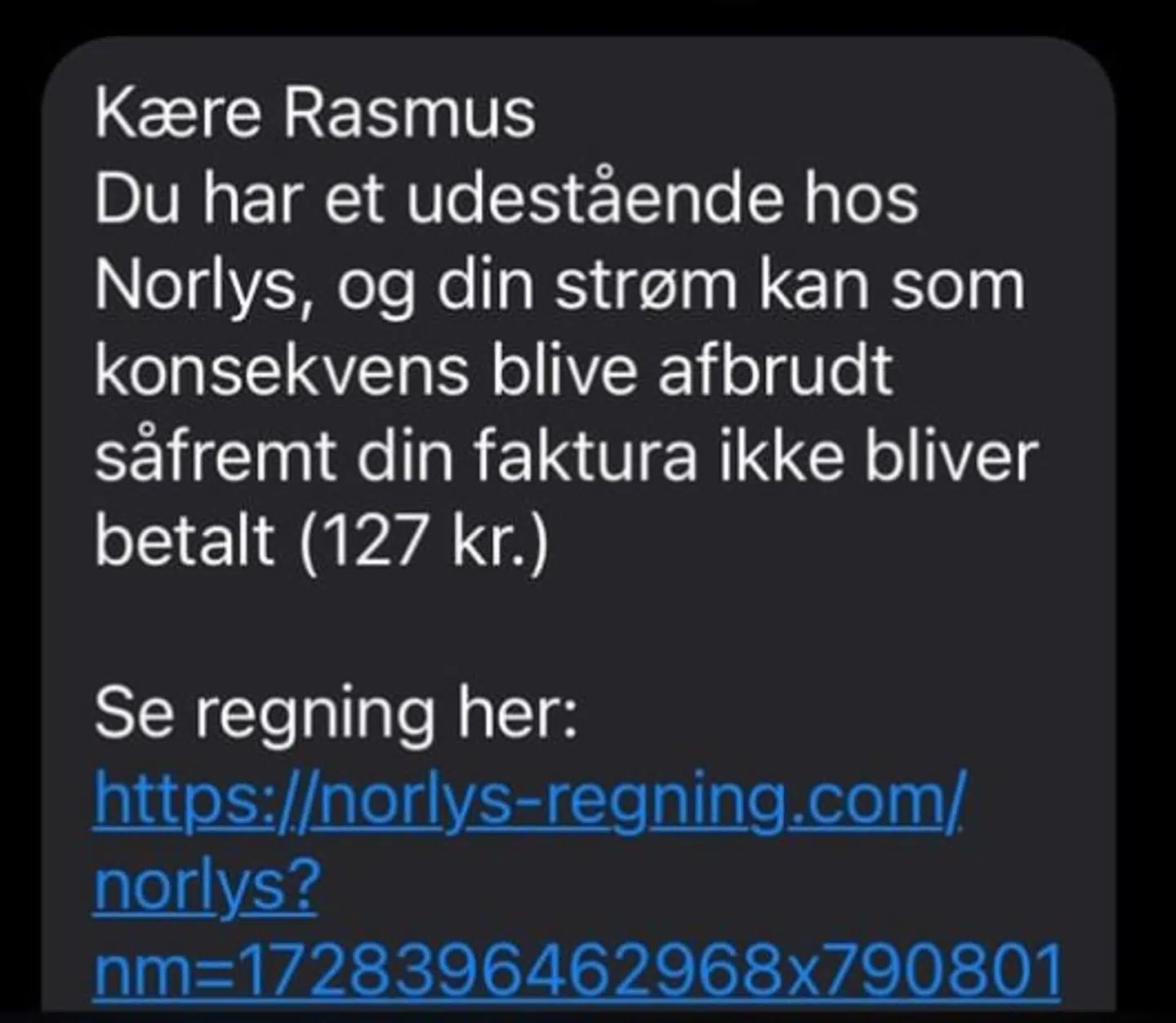 Et eksempel på svindel-sms, som altså ikke kommer fra Norlys men fra en svindler.