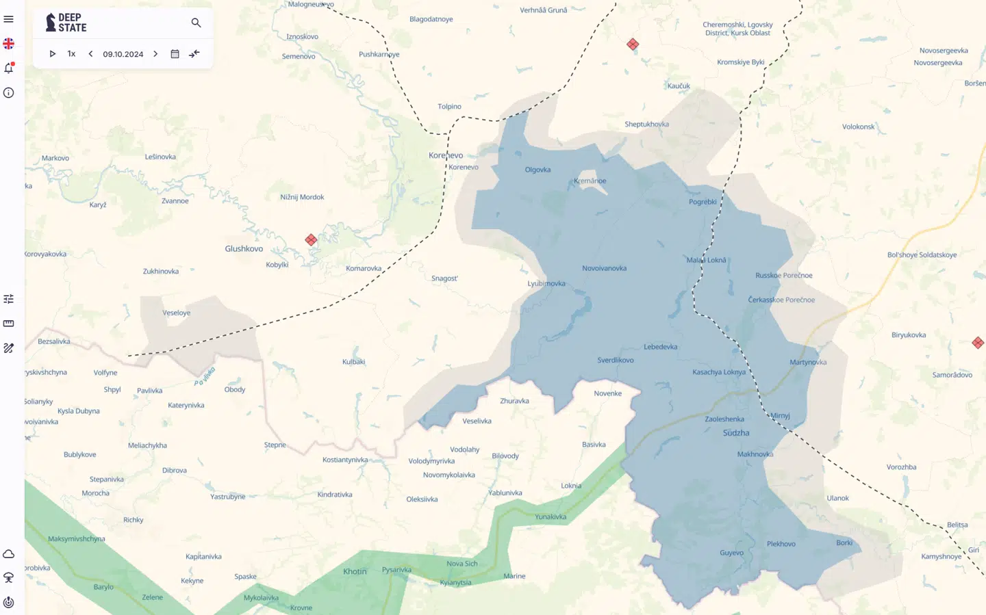 Sådan så det ud i Kursk-regionen om morgenen 10. oktober – det blå område viser ukrainske fremrykninger.
