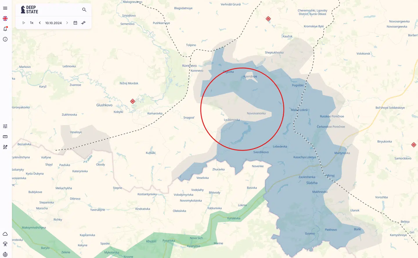Og sådan ser det ud om morgenen 11. oktober – det russiske indhug er markeret af en rød ring.