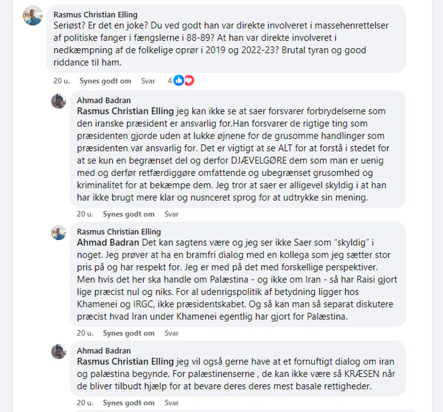 Her ses Rasmus Christian Ellings kritiske kommmentar til Saer El-Jaichis Facebook-opslag, hvor han sørgede over den iranske præsident Ebrahim Raisis død.